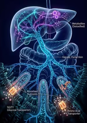 Schema del trasporto dei nutrienti assorbiti verso il fegato attraverso la vena porta epatica, con trasportatori SGLT1 e per gli aminoacidi