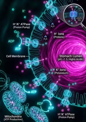 Schema della pompa protonica H+/K+ ATPasi nella membrana della cellula parietale gastrica, con mitocondri che forniscono ATP
