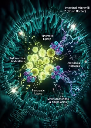 Schema dell'idrolisi enzimatica e dell'emulsione dei lipidi a livello dei microvilli intestinali (orletto a spazzola)