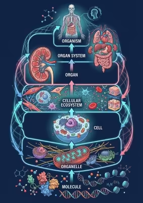Livelli di organizzazione biologica: molecola, organello, cellula, ecosistema cellulare, organo, sistema di organi, organismo