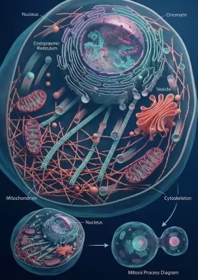 Cellula animale in sezione con organelli etichettati